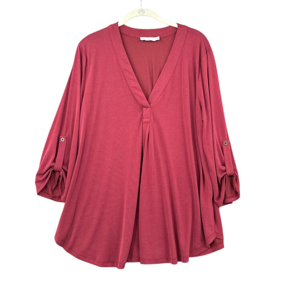 Lush Pink 3/4 Sleeves Roll Tab Pleated Deep V Neck Tunic Blouse‎ Extra Large